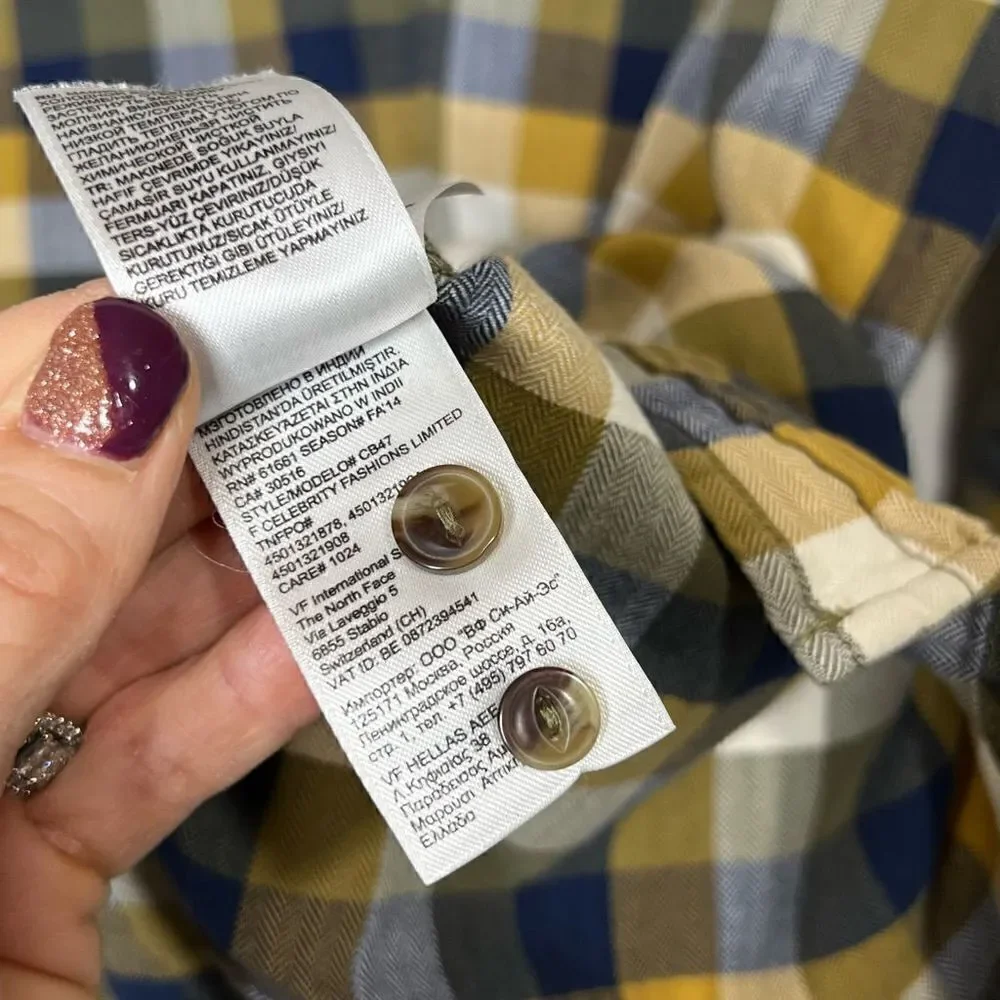 The North Face Blue Brown Mustard Cream Plaid Cotton Button Down Shirt
